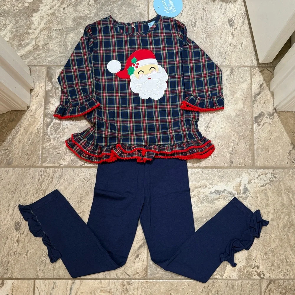 NWT size 7 Plaid Classic Whimsy Santa Top and Navy Leggings Set